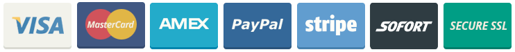 payment methods - VISA MasterCard Amex PayPal Stripe Sofort