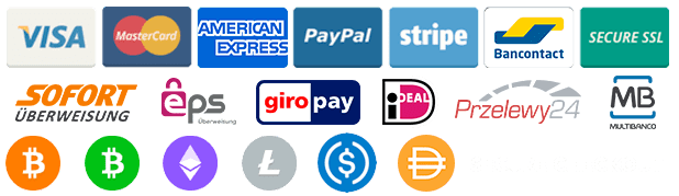 payment methods - VISA MasterCard Amex PayPal Stripe Sofort Coinbase